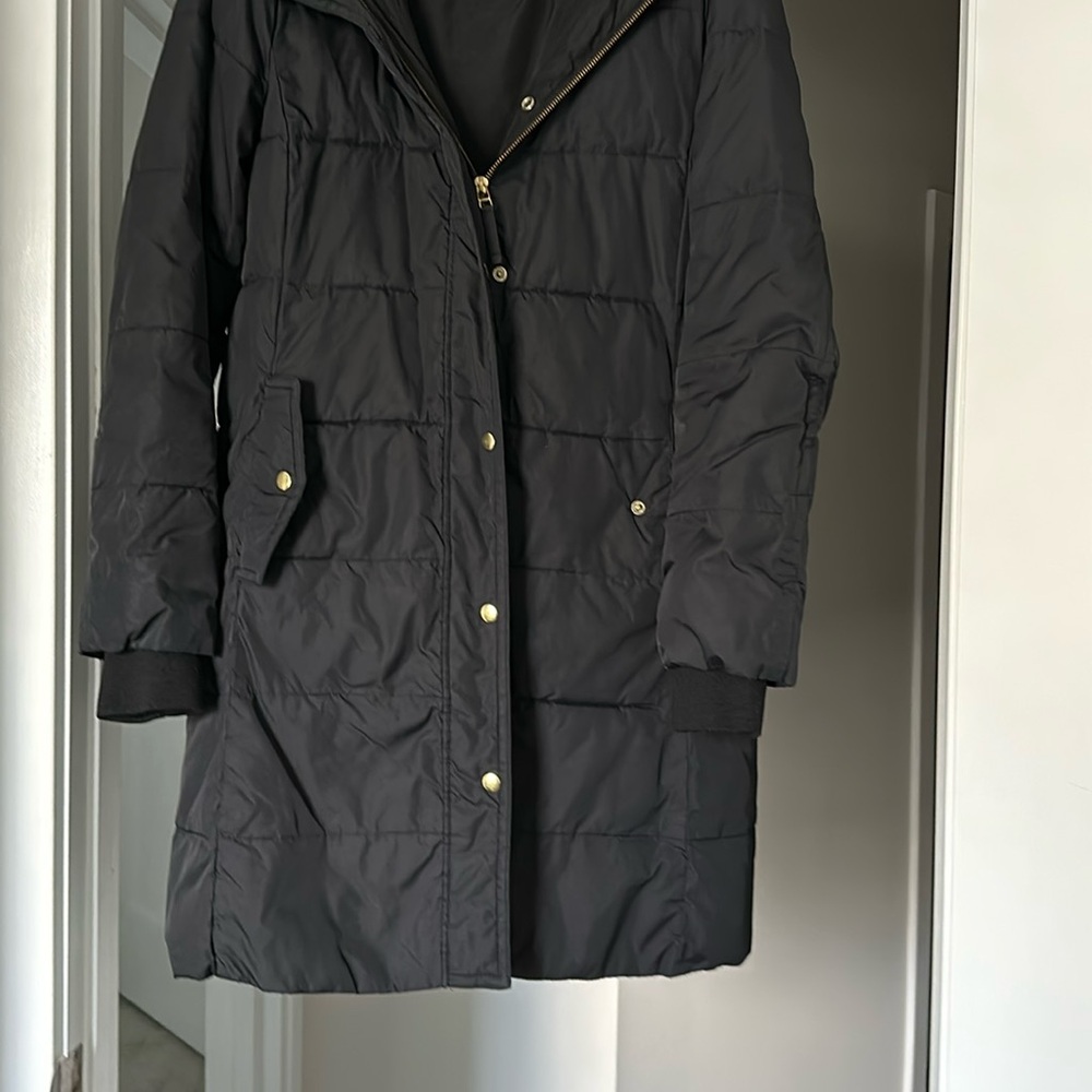 J Crew Wintress Puffer Coat NO BELT Down Black Hooded Zip Snap B5123 used